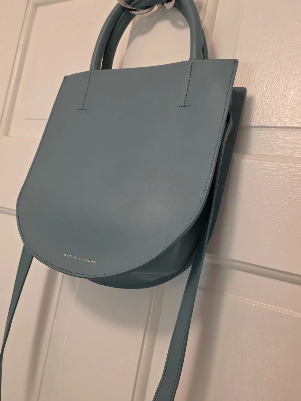 Minor History Blue Satchel/Crossbody Leather Open Top, Stylish, Sleek, Modern